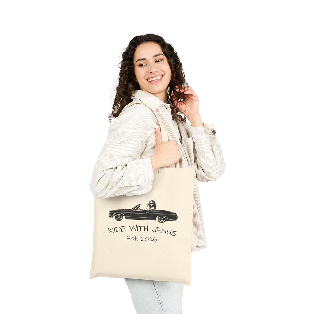 Ride With Jesus Canvas Tote Bag — Christian Vintage Car Design