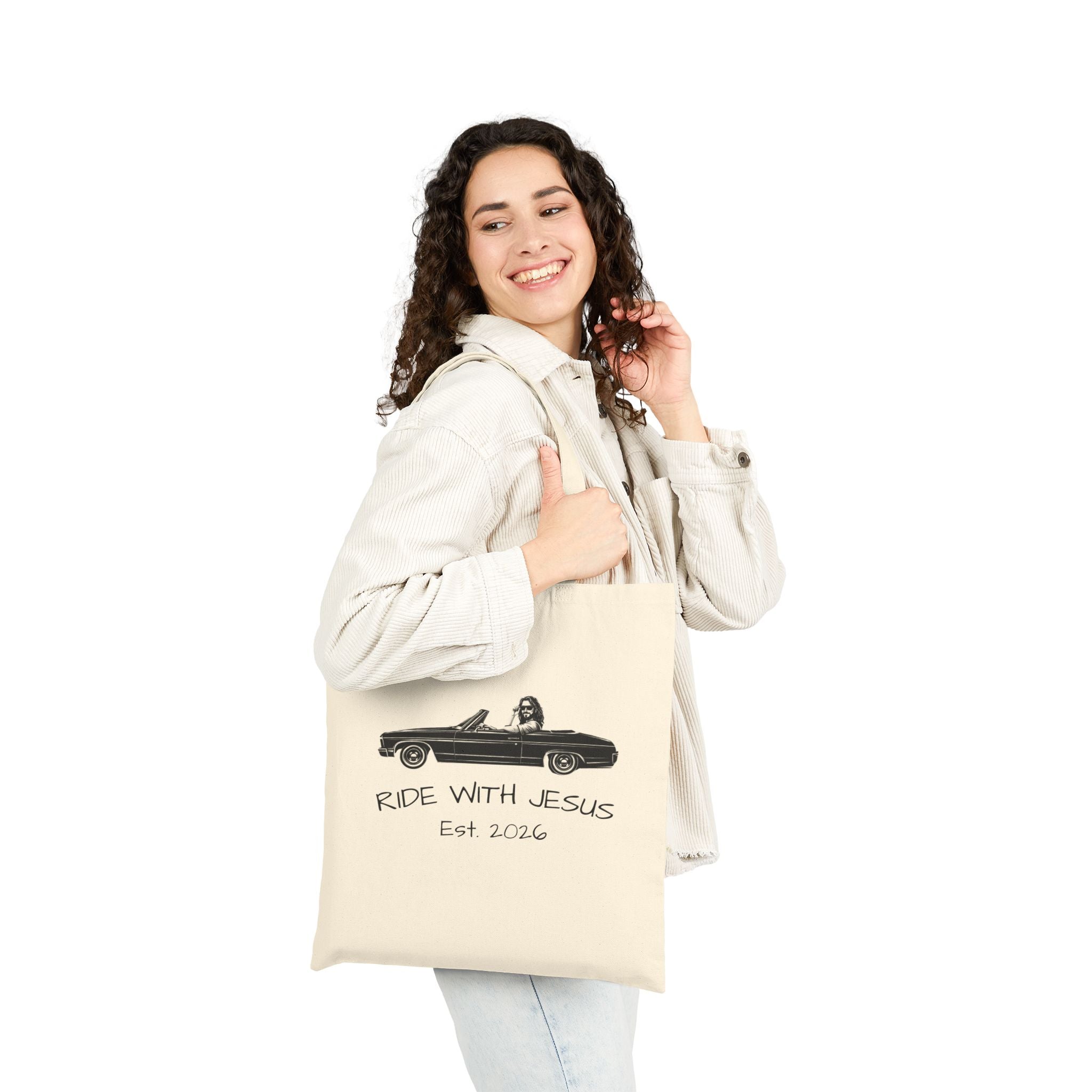 Ride With Jesus Canvas Tote Bag — Christian Vintage Car Design
