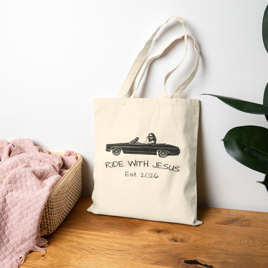 Ride With Jesus Canvas Tote Bag — Christian Vintage Car Design
