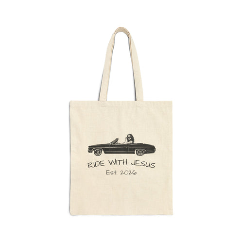 Ride With Jesus Canvas Tote Bag — Christian Vintage Car Design