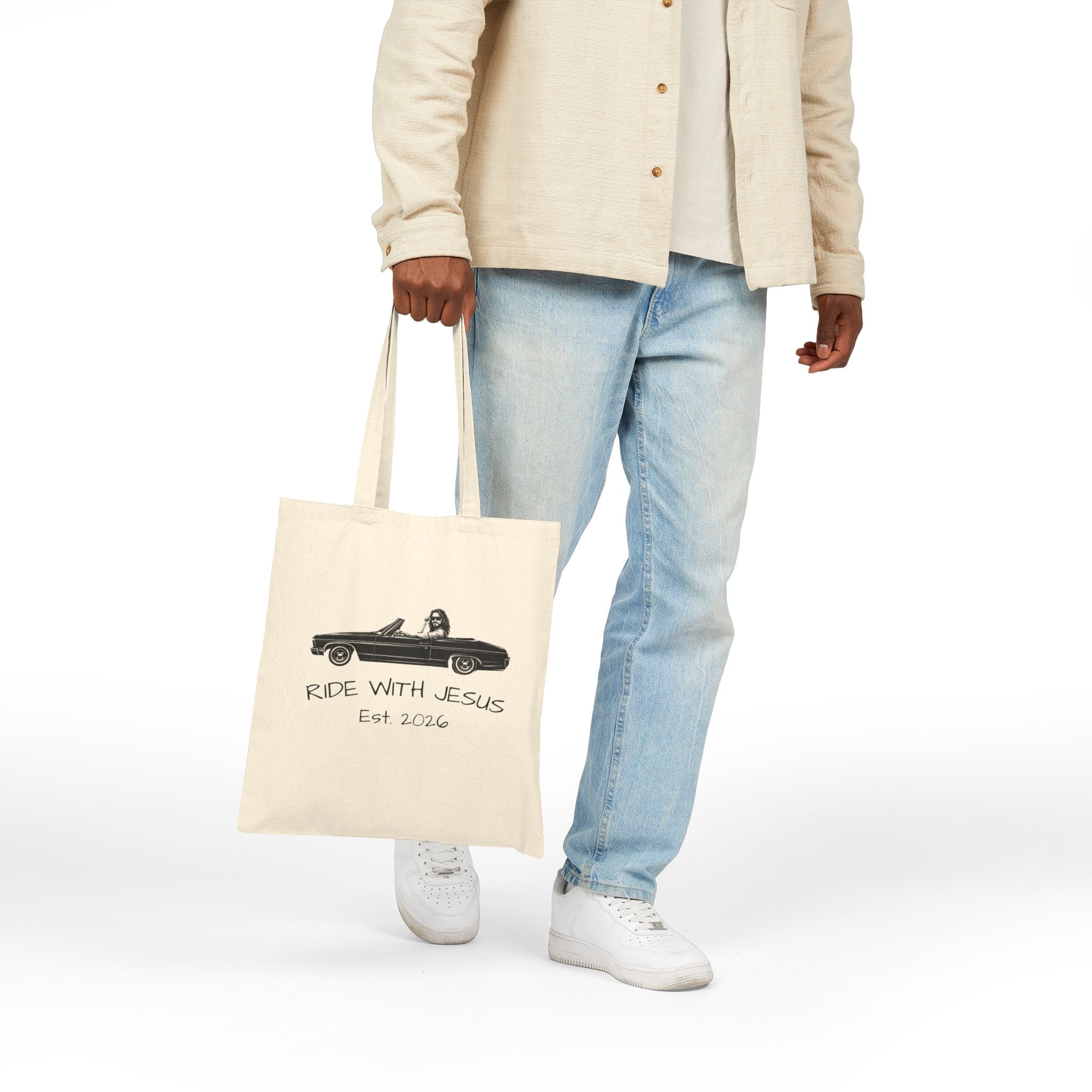 Ride With Jesus Canvas Tote Bag — Christian Vintage Car Design