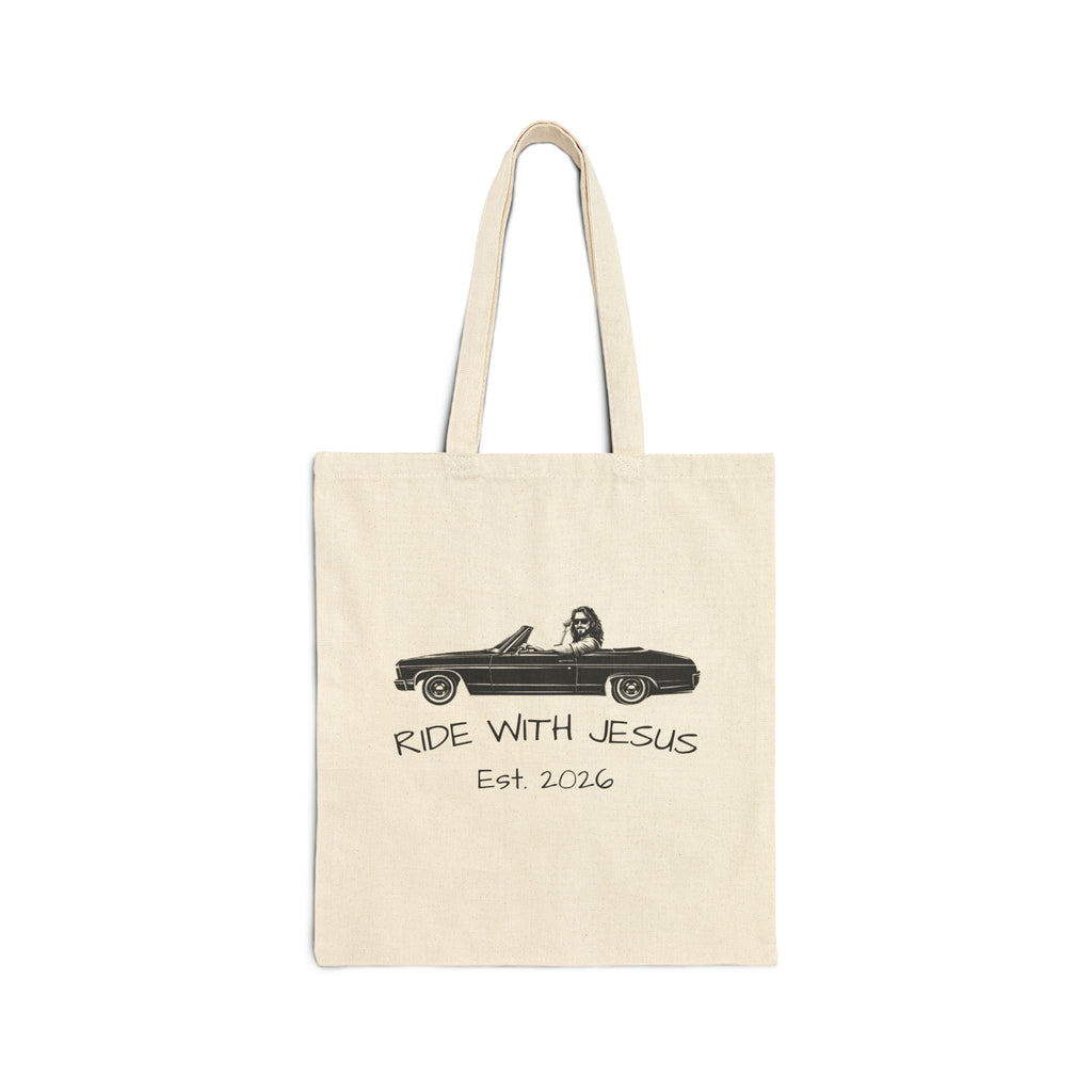 Ride With Jesus Canvas Tote Bag — Christian Vintage Car Design