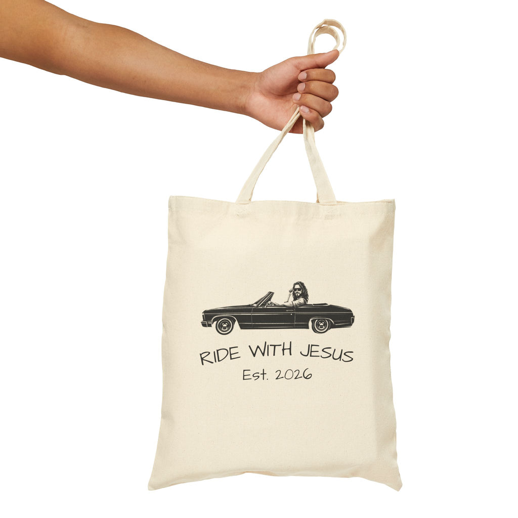 Ride With Jesus Canvas Tote Bag — Christian Vintage Car Design