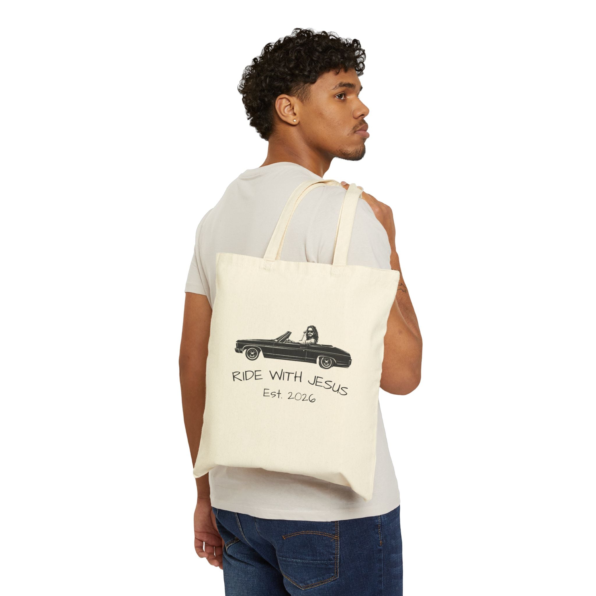 Ride With Jesus Canvas Tote Bag — Christian Vintage Car Design